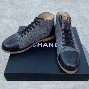 Chanel CC Tweed Lace-Up Ankle Boots